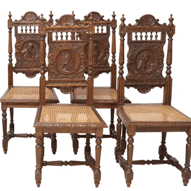 Four Chairs, Side, French Breton, Cane Seats, Carved Oak, Crest, Early 1900s!!