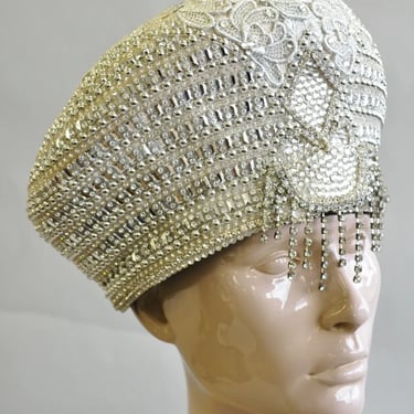 Shellie McDowell Silver Lace Pearl Rhinestones Church Derby Ladies Crown Hat
