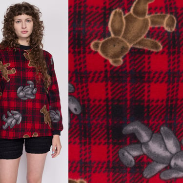 Medium 90s Teddy Bear Fleece Pajama Top | Vintage Red & Black Plaid Soft Sleep Shirt 