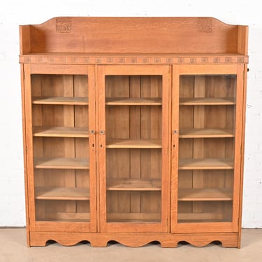 Antique Victorian Carved Oak Glass Front Triple Bookcase, Circa 1900