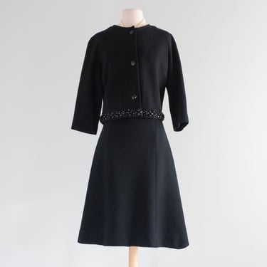 Vintage 1960's Two Piece Beaded Black Wool Knit Dress & Jacket by Kimberly / ML