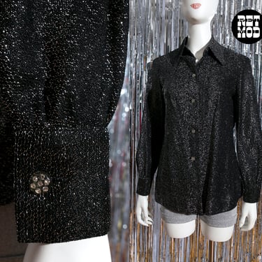 Celestial Vintage 60s 70s Black Silver Metallic Lurex Long Sleeve Collared Blouse with Rhinestone Buttons 