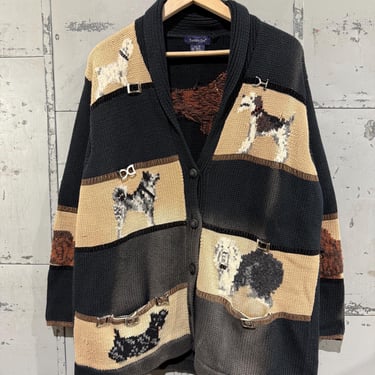 Hand-Knit Vintage Dog Picture Sweater with Shawl Collar 