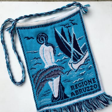 Vintage Italian Woven Tassel Fringe Crossbody Bag, 2 Sided, Hippie Boho, Regione Abruzzo, Italy,  Nude Woman Naturista Beach, Downhill Skier 
