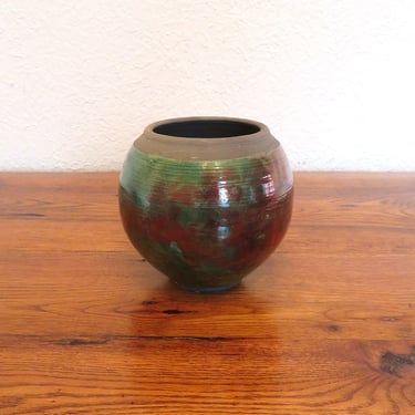 Vintage Raku Pottery Vase Studio Artist Signed Iridescent Metallic 