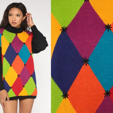 90s Harlequin Sweater Bright Diamond Print Knit Sweater Rainbow Geometric Print Mock Neck Sweater 1990s Vintage Knitwear Pullover Medium 