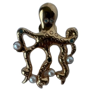 AVON Octopus Brooch, Nautical Octopus Pin, Gold Octopus Pin, Sealife Pin, Pearl and Rhinestone Octopus Pin, Ocean Life Pin, Octopus Hat Pin 