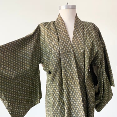 Vintage Long Kimono / Vintage Textured Green Kimono / Cotton and Silk Kimono / 1940s Kimono 