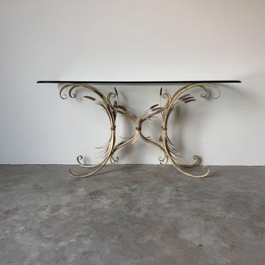 1970's Vintage Italian Wheat Sheaf Metal Console Table With Glass Top 