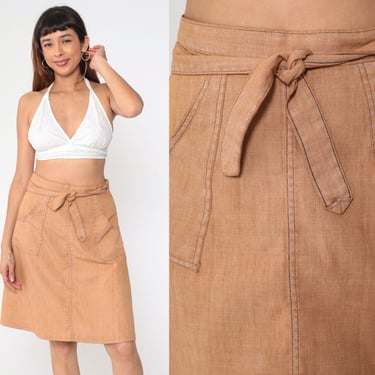 70s Wrap Skirt Tan Patch Pocket High Waisted Midi Skirt Boho Hippie Knee Length Plain Bohemian Summer Adjustable Vintage 1970s Small xs s 