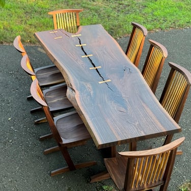 George Nakashima Style Walnut Live edge Dining Table with Eight Conoid Chairs 