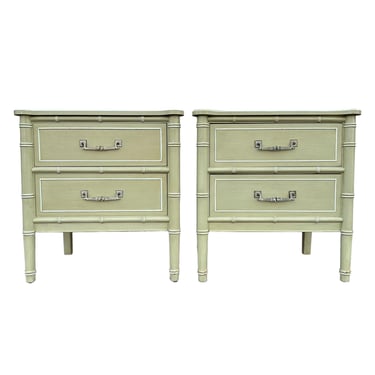 Henry Link Nightstands Set of 2 Original Vintage Green Bali Hai Faux Bamboo End Tables Pair Hollywood Regency Chinoiserie Coastal Style 