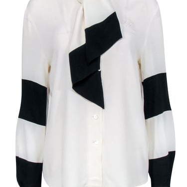 Louis Feraud  - Cream & Black Colorblocked Long Sleeve Silk Blend Blouse w/ Tie Sz 4