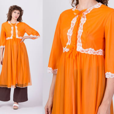 70s Orange Peignoir Robe - Medium | Vintage  Lace Trim Midi Negligee Dressing Gown 