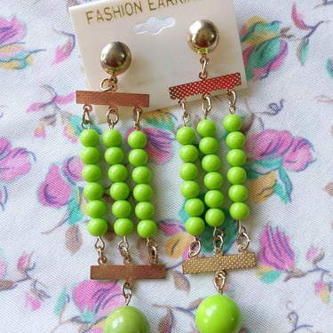 Deadstock Large Vintage 80s 90s Lime Green Beaded Danglel Statement Earrings 