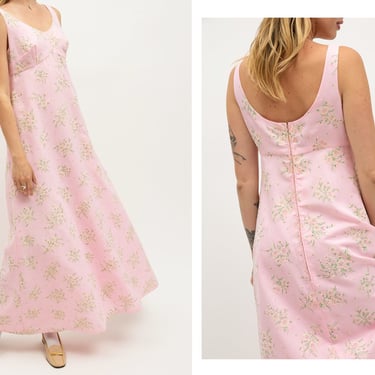 Vintage 1970s 70s Baby Pink Flocked Carnation Floral Print Full Length Maxi Gown Dress 