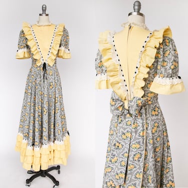 1940s Dress Floral Cotton Ruffle Peasant Maxi Prairie Gown M 