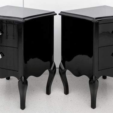 Rococo Revival Black Lacquered Nightstand, Pair