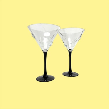 Vintage Martini Glasses Retro 1980s Contemporary + Etched Olive in Toothpick Design + Set of 2 + Black Stem + Home and Bar Decor 
