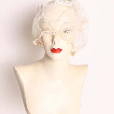 1950s Sheer White Tulle Rose Topper Hair Net Costume Hat 