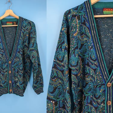 Vintage 90s Oakton Unlimited Medium Acrylic Knit Colorful Patterned Cardigan Sweater - Nineties Grampa Cardigan 