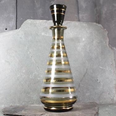 MCM Striped Decanter with Glass Stopper | Gold and Grey Striped Decanter | Vintage Barware | 20 Ounce Decanter | Bixley Shop 