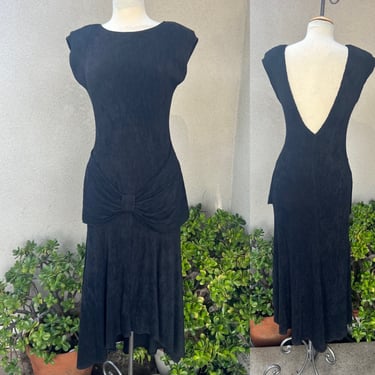 Vintage 80s romantic dress drop waist blsck backless textured fabric Sz M Hearts 