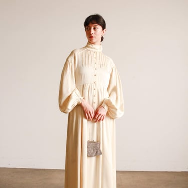 1970s Jean Muir Cream Silk Balloon Sleeve Gown 