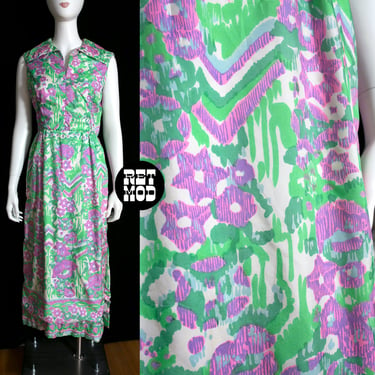 Sweet Vintage 60s 70s Bright Light Green Purple Pink Floral Patterned Sleeveless Collared Maxi Dress 