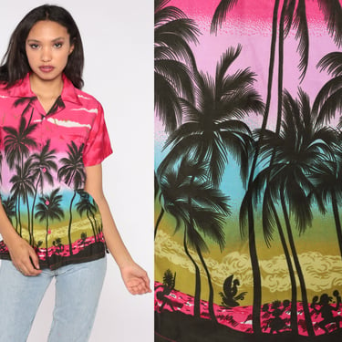 80s Hawaiian Shirt Palm Tree Luau Dancer Sunset Print Button Up Tropical Pink Blue 1980s Top Vintage Short Sleeve Seagull Tourist Small S 