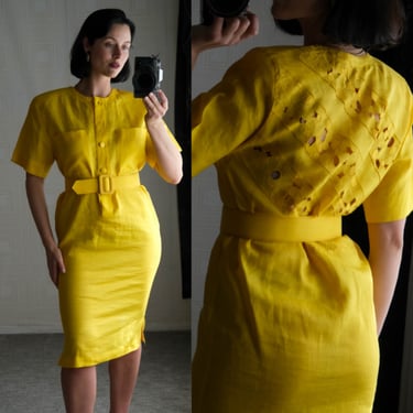Vintage 80s PIA RUCCI Canary Yellow Belted Henley Styled Power Dress w/ Peek-A-Boo Back Design | 100% Ramie | 1980s Designer Power Dress 