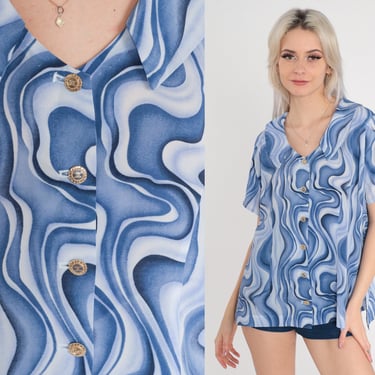 Psychedelic Shirt 70s Button Up Blouse Blue Wavy Squiggle Print Disco Top Pointed Flat Collar Groovy Short Sleeve Tonal Vintage 1970s Large 