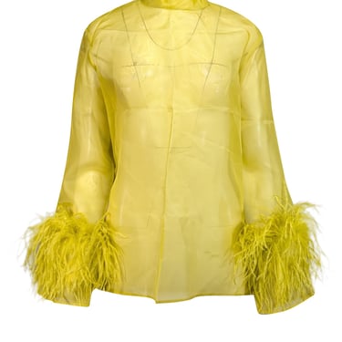 Lapointe - Chartreuse Silk Organza Mock Neck Top w/ Feather Cuffs Sz 6