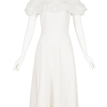 Pronuptia 1970s Vintage White Eyelet Cotton Ruffle Off-Shoulder Bridal Gown 