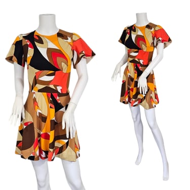 1960's Orange Psychedelic MOD Print Short Poly Mini Dress I Sz Sm- Med I Skater Skirt 