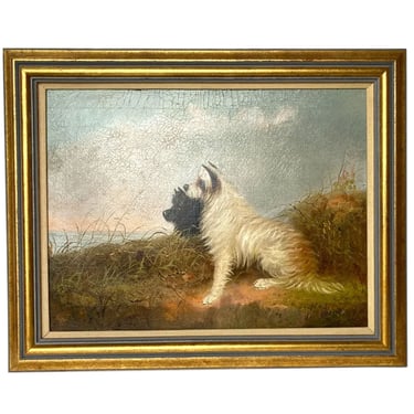 WILLIAM W. WARREN Oil Painting on Canvas, Two Terriers on a Sandy Dune