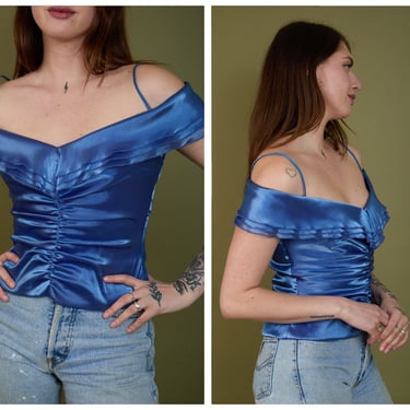 Vintage 1990s 90s Iridescent Blue Ruffle Off The Shoulder Bodice Style Blouse Top 