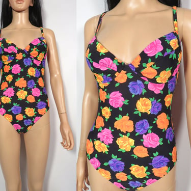 Vintage 90s/Y2K Victoria's Secret Neon Rose Print One Piece Swimsuit Made In USA Size 12B 