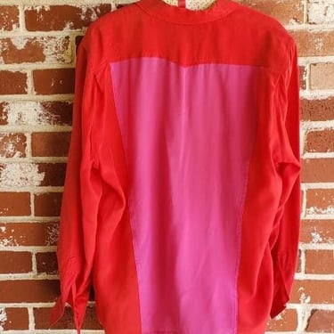Vintage 90s ESCADA Red Silk Blouse Pockets Topstitch Color Block sz L 