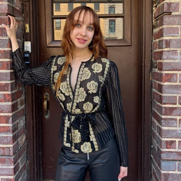 Vintage 1970s Radley of London Black and Gold Lurex Sheer Blouse/ Sexy 70s Glam Top S 