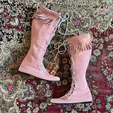 Vintage ‘80s ‘90s pastel pink Minnetonka boots, knee high | pretty hippie, ladies 8 