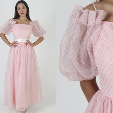 Romantic Southern Bell Cocktail Party Dress, Balloon Sleeve Sheer Chiffon Gown, Vintage 70s Classic Pink Prom Outfit 