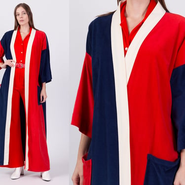 70s Color Block Velour Unisex Robe - One Size | Vintage Mod Red White Blue Loungewear Duster 