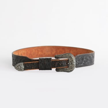 Vintage 80s Silver plated black tooled leather belt | Sz. 32 