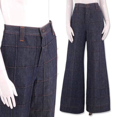 70s Time & Place patchwork high waist bell bottom jeans 28 / vintage 1970s dark denim wide leg flares pants 8 