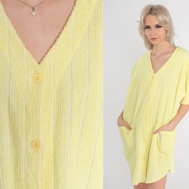 Terry Cloth Lounge Dress 80s Yellow Mini Pajama Dress Loungewear Hippie V Neck Pocket Short Sleeve Nightie 1980s Button Up Vintage Large 
