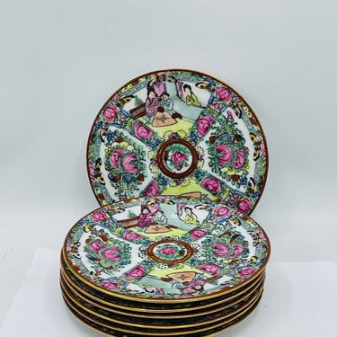 Set of (6) Antique Chinese Hand Painted Famille Rose Medallion Hong Kong Porcelain 8" Salad Desert Plates- Nice Condition 