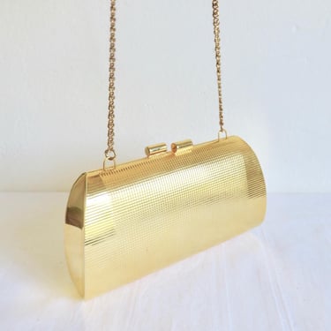 1970's 80's Gold Metal Hard Case Purse Convertible Clutch Shoulder Chain Cross Body Disco Era Bag Evening Formal Cocktail Party Purses 