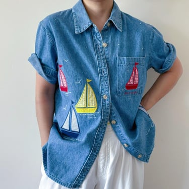 vintage denim blouse denim jacket denim blazer button down blue embroidered sail boat minimalist capsule wardrobe 90s retro boxy size S/M 