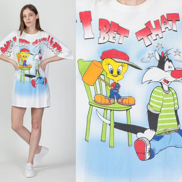 90s Tweety Bird "I Bet That Hurt!" T Shirt Dress - One Size | Vintage Sylvester Looney Tunes Cartoon Graphic Oversize Sleep Shirt 